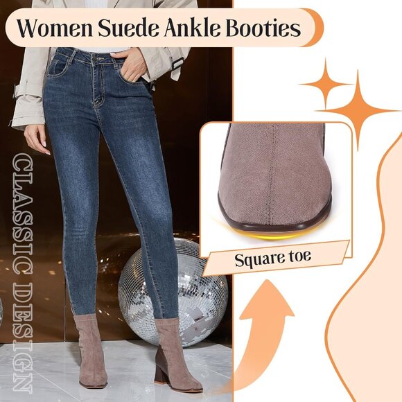 Women's Brown Square Toe Low Block Heel Chelsea Back Zipper Mid Calf Booties - Picture 4 of 6